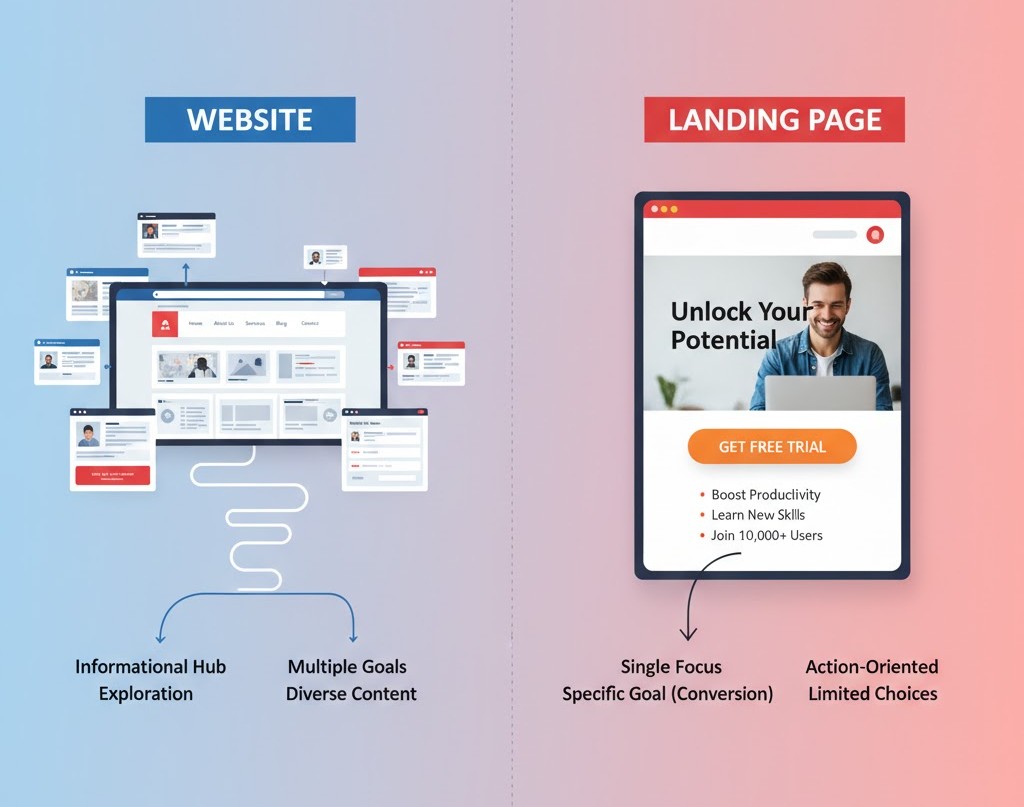 beda fungsi website dan landing page