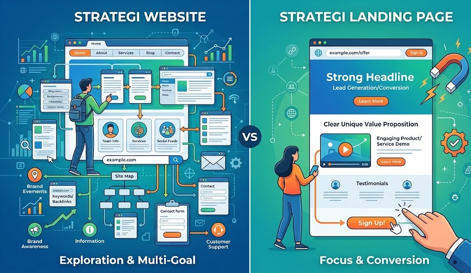 beda strategi website dan landing page