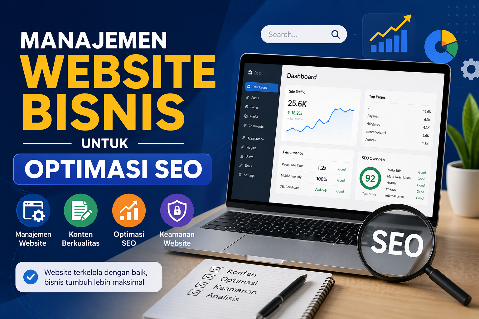 Sebagai penutup, manajemen website bisnis merupakan proses penting yang mendukung pertumbuhan digital secara berkelanjutan. Dengan pengelolaan yang tepat, website dapat menjadi aset digital yang kuat dan produktif. Oleh karena itu, fokuslah pada konten berkualitas, optimasi teknis, serta keamanan website. Lakukan juga evaluasi rutin agar strategi tetap relevan. Jika dijalankan secara konsisten, website tidak hanya menarik pengunjung, tetapi juga mampu meningkatkan konversi dan mendukung pertumbuhan bisnis.